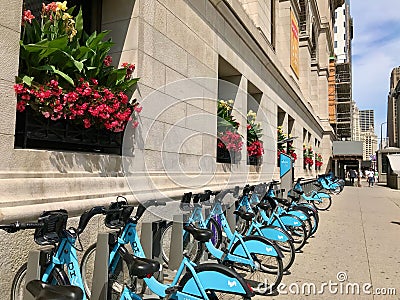 Line of blue public bicycles under window boxes of red flowers in front of the Chicago Cultural Center Editorial Stock Photo