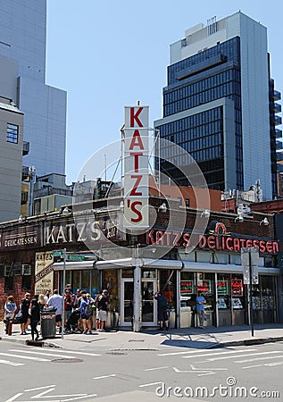 Long line in the front of the historical Katz's Delicatessen Editorial Stock Photo