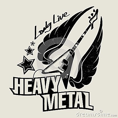 Long live Heavy metal retro poster with wings guitar Vector Illustration