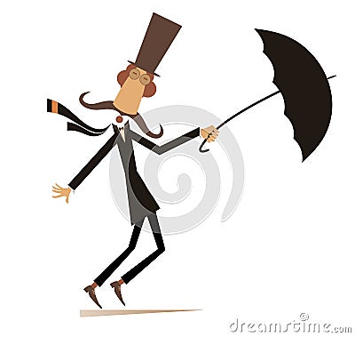 Long mustache man stays on the strong wind illustration. Vector Illustration