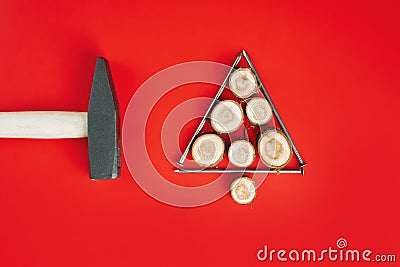 Long nails and wood cuts or branch slabs, laid out in shape of Christmas tree with hammer on red background, flat lay Stock Photo