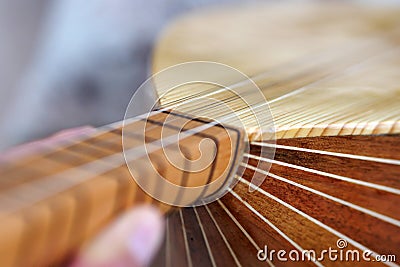 Long neck saz-baglama from Turkish musical instruments, Turkish musical instruments, close-up saz Stock Photo