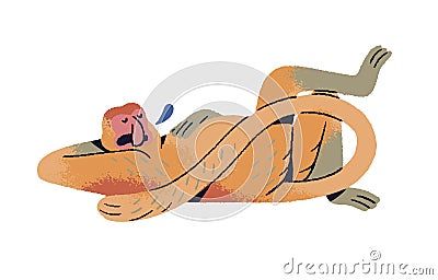Long nosed or proboscis monkey sleep. Cute lazy primate with large nose nap. Funny jungle animal relax. Exotic fauna Vector Illustration