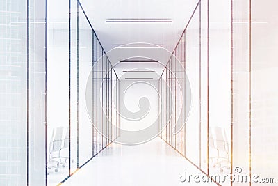 Long office corridor with glass walls. There are several conference rooms in it and. Stock Photo