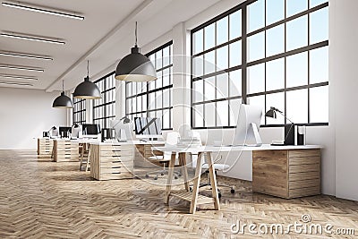 Long office with wooden floor Stock Photo