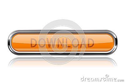Long orange DOWNLOAD button with bold chrome frame. 3d shiny icon Vector Illustration