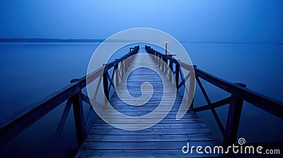 a long pier extending into the water at night with a light on Stock Photo