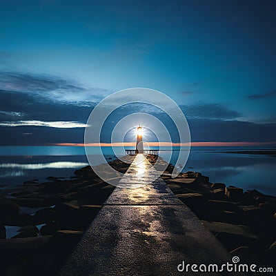 A long pier with a lighthouse at the end under a cloudy blue sky Stock Photo