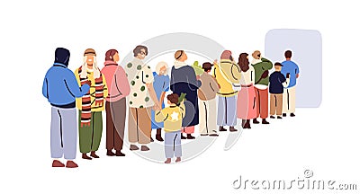 Long queue of people. Customers line, standing and waiting. Crowd queuing, many men, women buyers at entrance, back view Vector Illustration