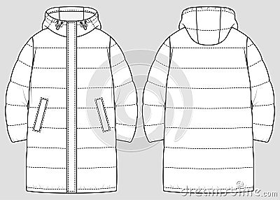 Long quilted jacket. Vector technical sketch. Mockup template Vector Illustration