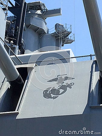 Long range navy guns and turret with US Marine Corps logo Editorial Stock Photo