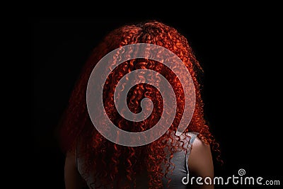 Long Red Afro Curls , Rear View On Black Background. Generative AI Stock Photo