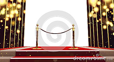 Long red carpet between rope barriers with stair at the end, Stock Photo