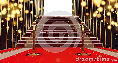 Long red carpet between rope barriers with stair at the end, Stock Photo