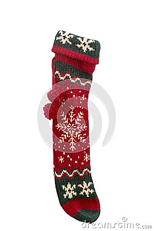 Long red and green knitted Christmas stocking with string and po Stock Photo