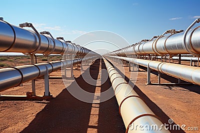 long row of pipelines at an oil refinery Stock Photo