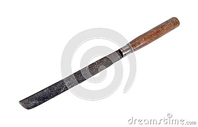 Long rusty old knife with wooden handle isolated on white background Stock Photo