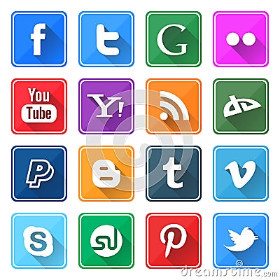 Long Shadow Social Media Icons Vector Illustration