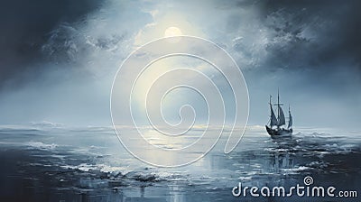 Moonlit Ocean Scene Painting With Boat In Romantic Style Stock Photo