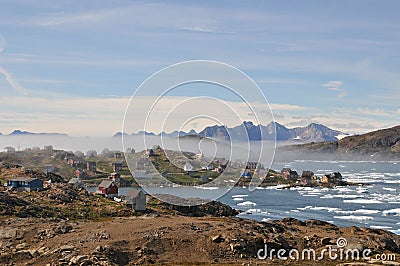 Long shot of Kulusuk town in east Greenland Stock Photo