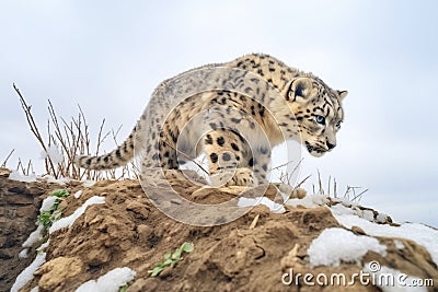 long shot of snow leopard traversing steep incline Stock Photo