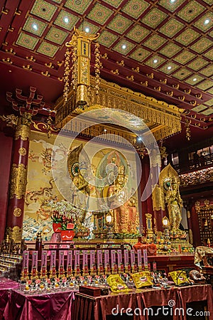 Long side shot, Altar of Medicine Buddha at Buddha Tooth Relic Temple, Singapore Editorial Stock Photo