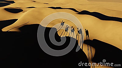 Long silhouettes of camels on the sand dunes in the desert Stock Photo