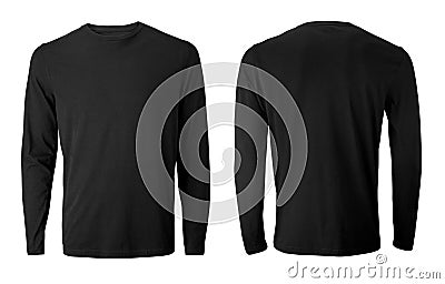 Long sleeve black t-shirt with front and back views isolated on white Stock Photo