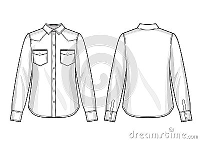 Long-sleeve denim womans shirt. Back and front. Technical flat sketch Cartoon Illustration