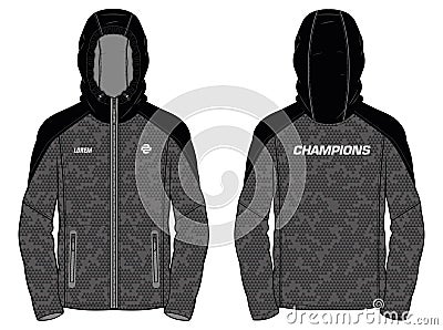 Long sleeve Bomber Hoodie jacket design template in vector, Hooded jacket with front and back view, hooded winter jacket for Men Vector Illustration