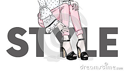 Long slender legs in tight trousers and high-heeled shoes. Fashion, style, clothing and accessories. Vector illustration. Vector Illustration