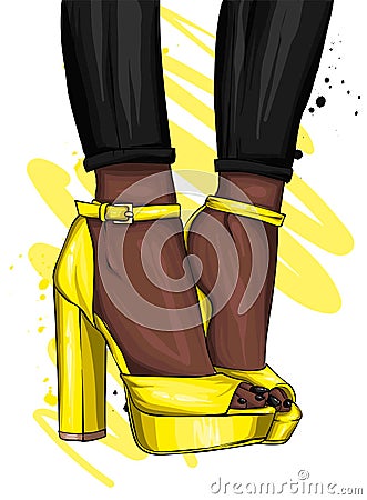 Long slender legs in tight trousers and high-heeled shoes. Fashion, style, clothing and accessories. Vector illustration. Vector Illustration