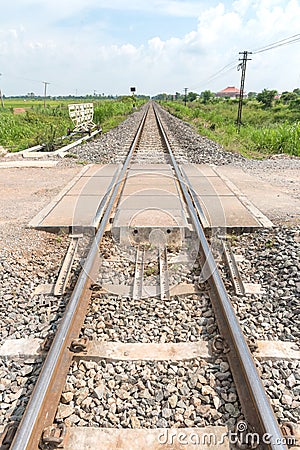 Long straight railroad on concrete sleepers Stock Photo