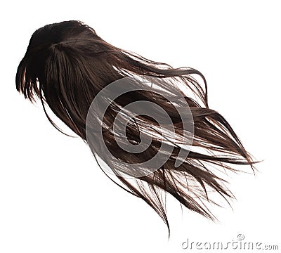 Long straight Wig hair style fly fall explosion. Brown woman wig hair float in mid air. Straight brown wig hair wind blow cloud Stock Photo