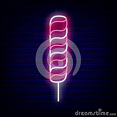 Long striped candy neon icon. Big sweetmeat. Sweet shop logo. Night bright signboard. Vector stock illustration Vector Illustration