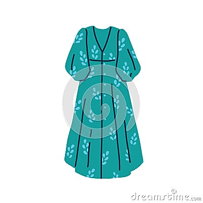 Long summer dress with puffy sleeves and buttons. Fashion romantic women clothes. Modern girls apparel, garment with Vector Illustration