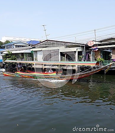 Long-tail boat wooden boat carrying tourists Travel to Thailand in the morning at Bang Luang Canal, Bangkok, Thailand, March 14, Editorial Stock Photo