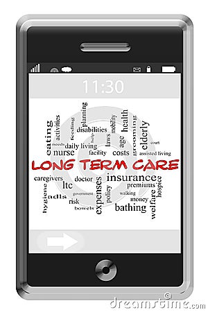 Long Term Care Word Cloud Concept on Touchscreen Phone Stock Photo
