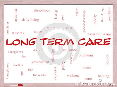 Long Term Care Word Cloud Concept on a Whiteboard Stock Photo