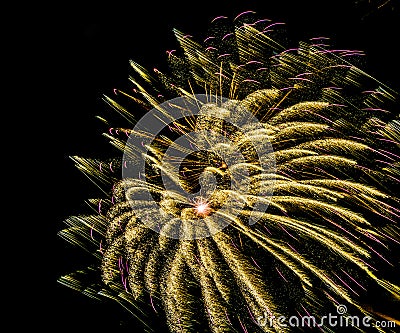Long exposure color image of New Year night celebration firework in golden and pink on black background Stock Photo
