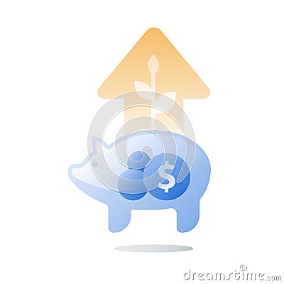 Glass piggy bank full of coins, long term investment strategy, arrow of growth and plant stem, value increase, pension savings Vector Illustration