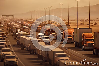 a long traffic jam of many trucks at the border , a long wait for customs checks between States due to the coronavirus Stock Photo