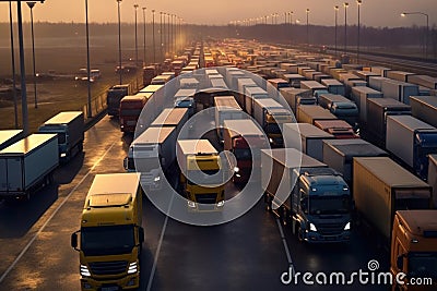 a long traffic jam of many trucks at the border , a long wait for customs checks between States due to the coronavirus Stock Photo