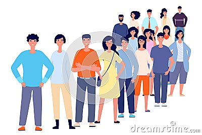 Long waiting line. People queue, crowd wait job interview. Young person stand shopping tickets or registration, society Vector Illustration