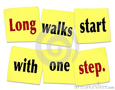 Long Walks Start With One Step Saying Quote Sticky Notes Stock Photo