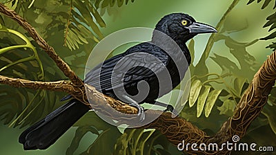 Long-wattled umbrellabird perched on a branch in the forest. Generative Ai Stock Photo
