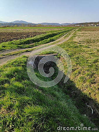 Long way to the journey nature green landscape trip walking over little bridge lowland area Stock Photo