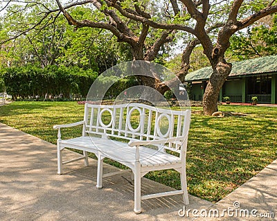 Long White Chair under The Shadow of Big Tree Stock Photo