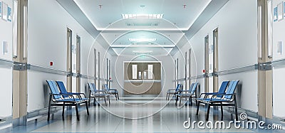 Long white hospital corridor with rooms and seats 3D rendering. Empty accident and emergency interior with bright lights lighting Stock Photo