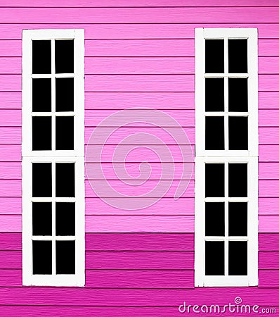 Long window white wood in the pink wall. Stock Photo